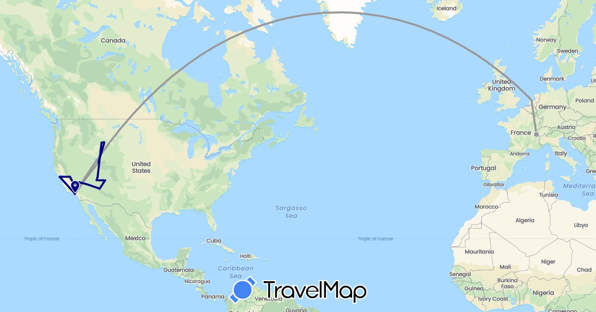 TravelMap itinerary: driving, plane in Switzerland, Netherlands, United States (Europe, North America)